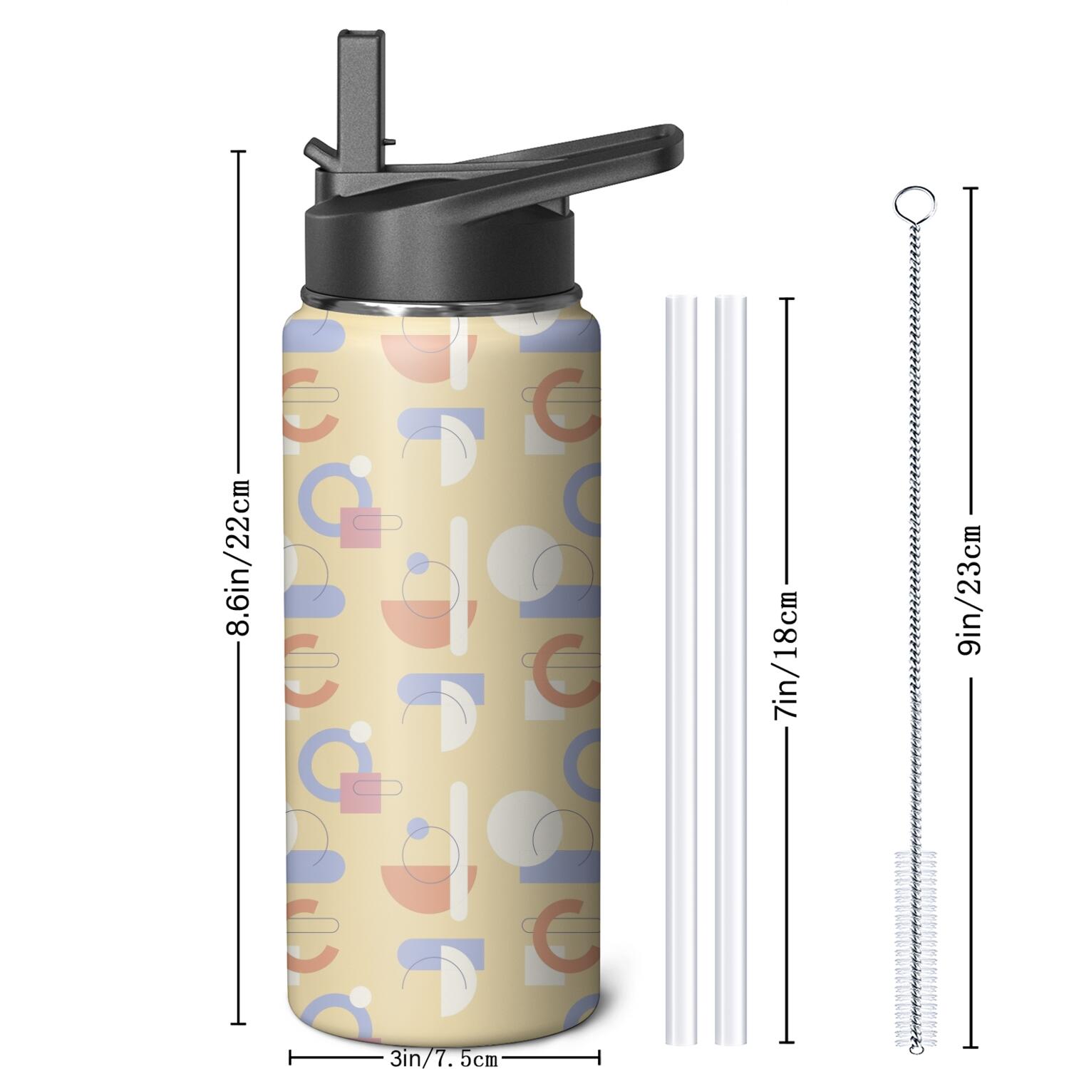 Modern 18 oz Insulated Stainless Steel Water Bottle with Straw & Cleaning Brush , Leakproof, BPA-Free, 304 Stainless Steel, Wide Mouth, Travel Mug for Car, Gym, Office
