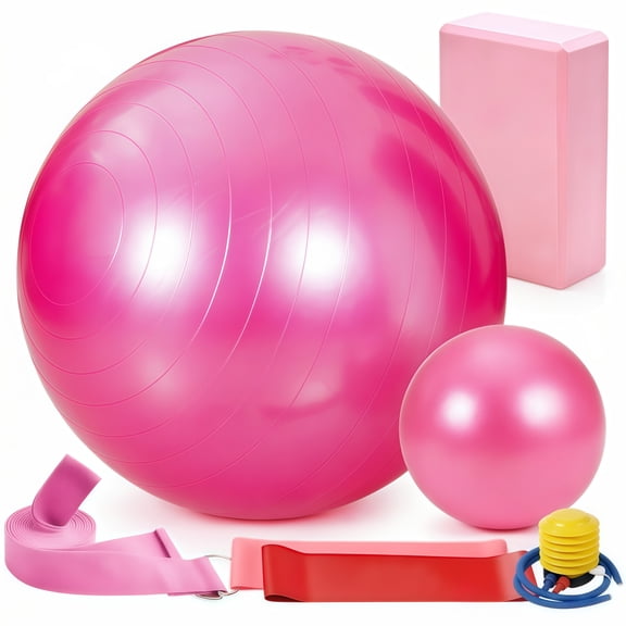 7 in 1 Exercise Ball Set, 25" Yoga Ball with 9" Pilates Ball, Yoga Block, 3 Yoga Stretch Straps & Foot Pump, Large Extra Thick Anti-Burst Stability,Complete Workout Kit for Core Training, Balance