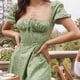 thumbnail image 1 of Vestido con estampado floral para mujer Correa en el pecho Manga abullonada Dobladillo dividido Cuello extendido Una línea Vestido largo, 1 of 7