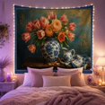 thumbnail image 2 of Floral Bouquet in Porcelain Vase Against Teal Scrollwork, Cozy Vintage for Art Lovers, Traditional Wall Decor, Housewarming Gift, Tapestry Wall Hanging for Living Room and Bedroom, 2 of 7