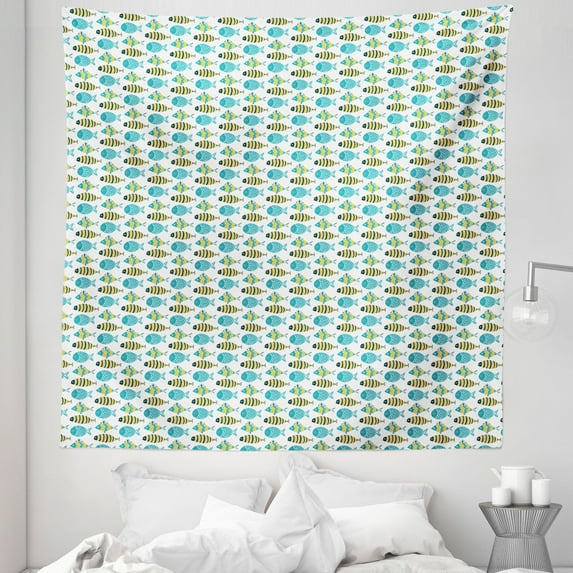 Scandinavian Tapestry, Repeating Doodle Cartoon Nautical Fish with Scales, Fabric Wall Hanging Decor for Bedroom Living Room Dorm, 5 Sizes, Pale Blue Navy Blue, by Ambesonne