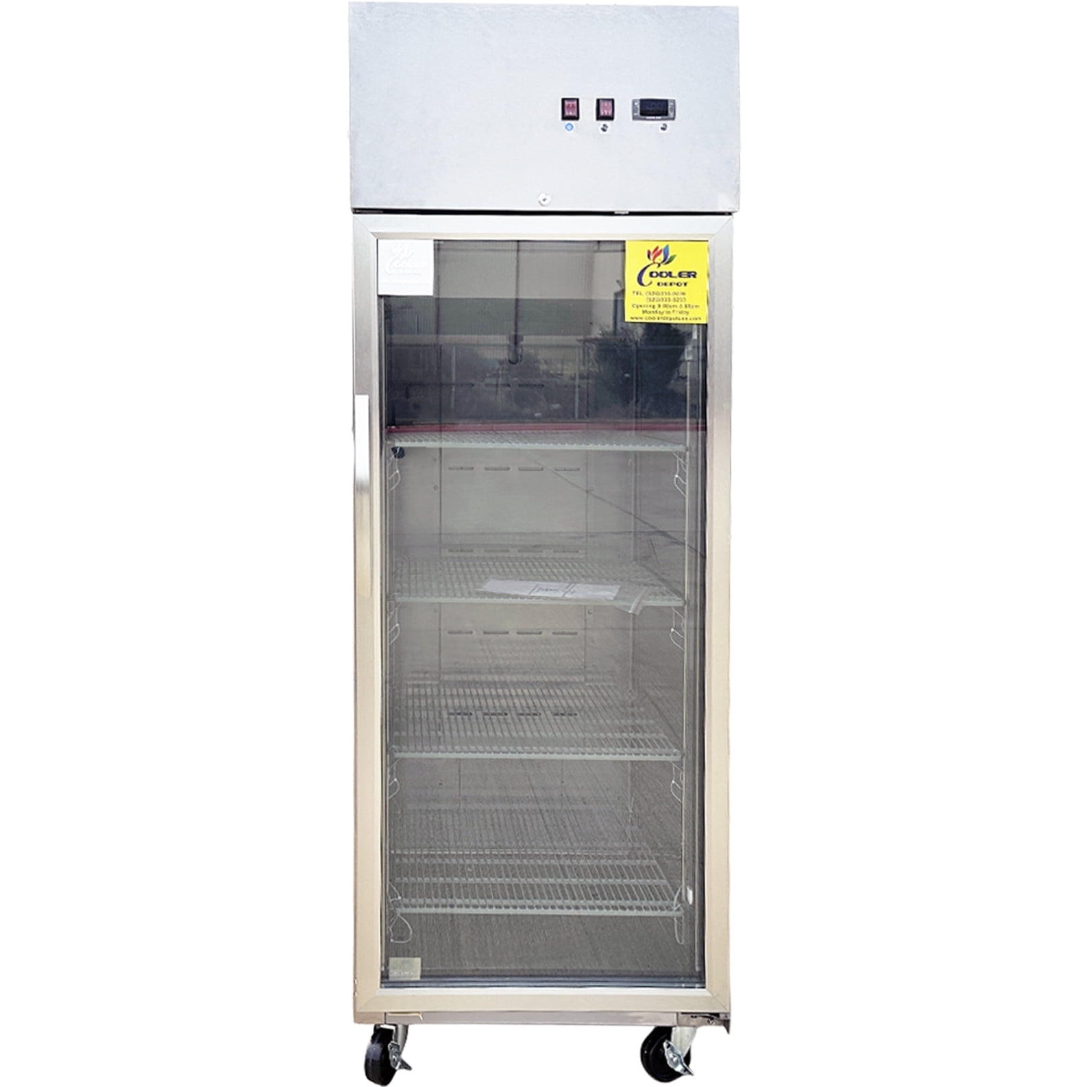 NSF 19 Cu Ft Single Door Commercial Glass Refrigerator Top Mount LED, Stainless Steel Reach In