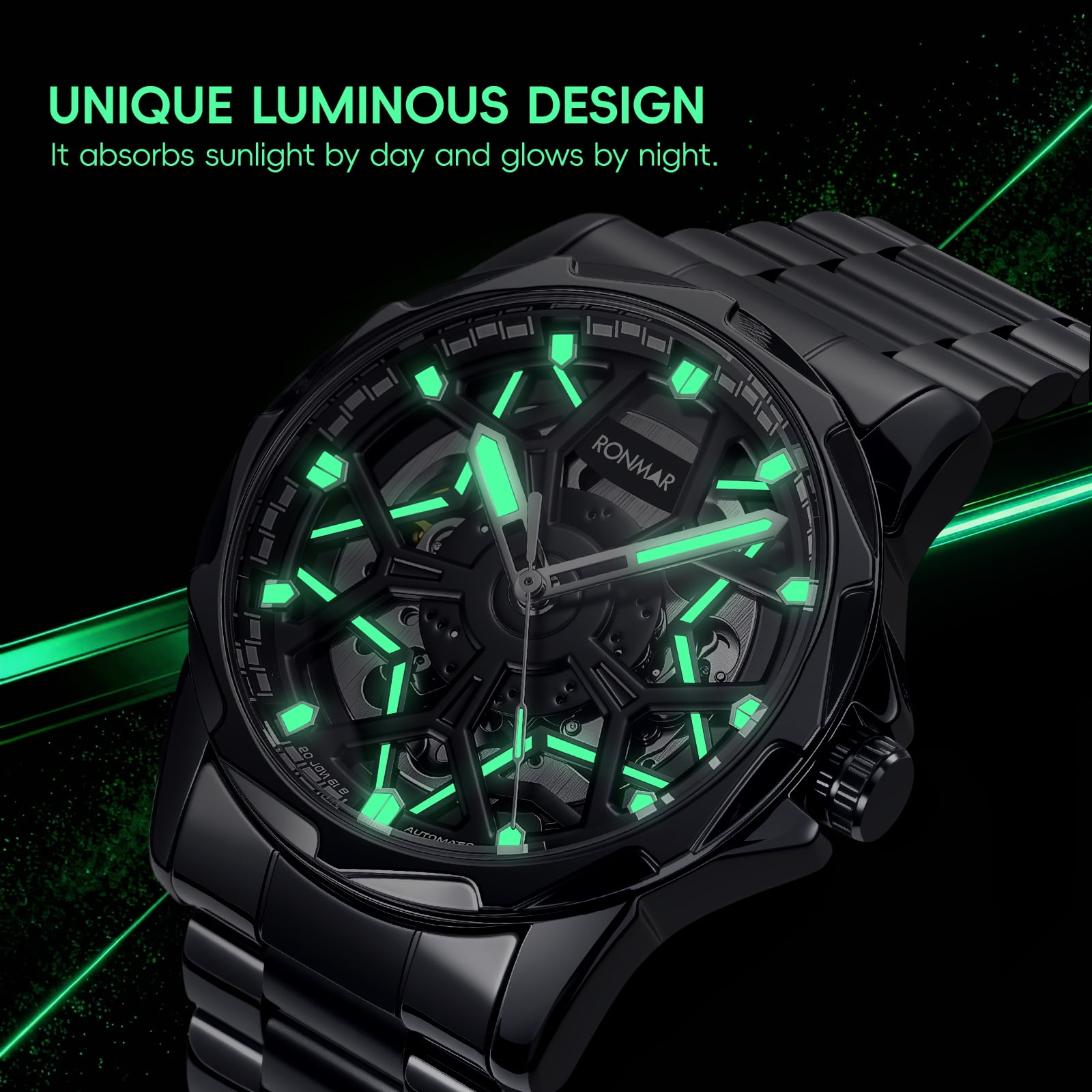 SKMEI Men's Automatic Mechanical Watch Skeleton Waterproof Stainless Steel Mens Watches Fashion Analog Watch for Men