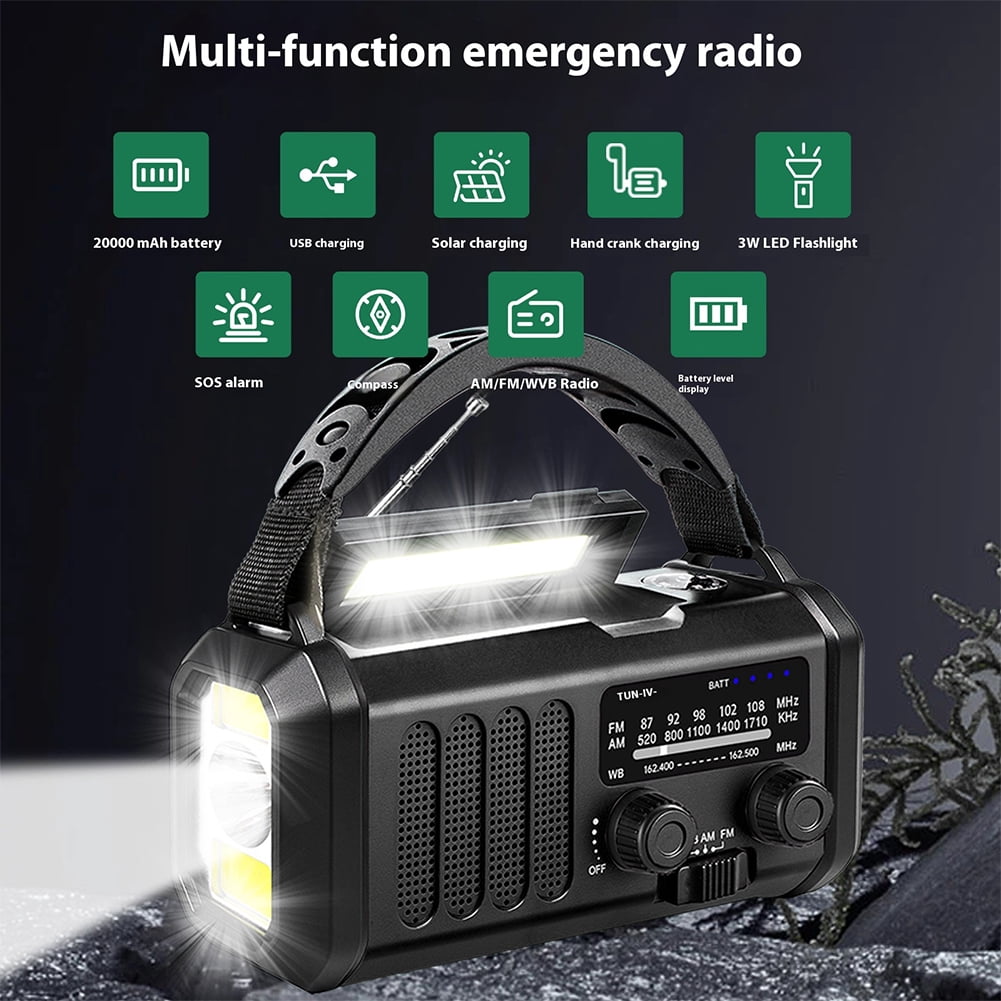 HUISZJ Solar Powered Radio, 20000mAh Hand Crank Emergency Radio with Flashlight, Portable Weather Radio AM/FM Survival Radio for Outdoor Camping Emergency(Black)