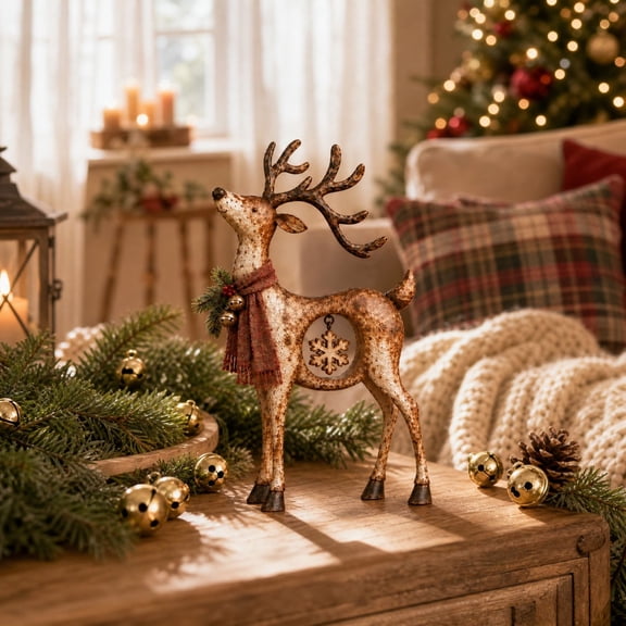 Diceymbol Christmas Reindeer Decorations, Rustic Resin Deer Figurine with Hanging Snowflake and Bell Scarf, Tabletop Mantel Shelf Holiday Decor