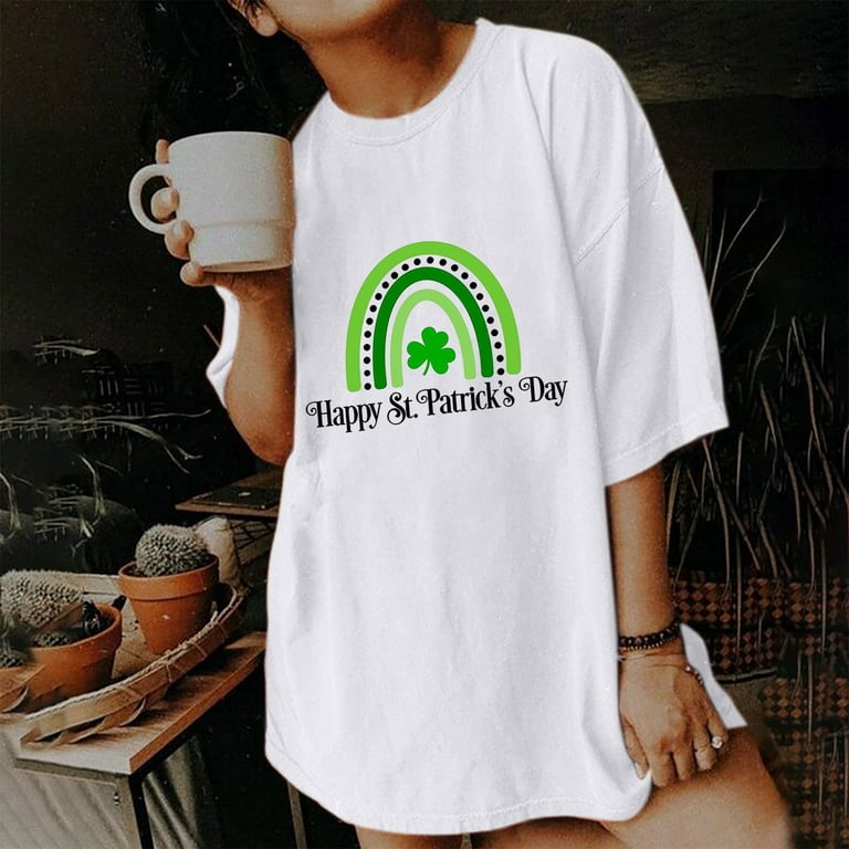 Happy St Patrick's Day Shirts for Women Four Leaf Clover Green Rainbow T  Shirt Vintage Loose Short Sleeve Tops
