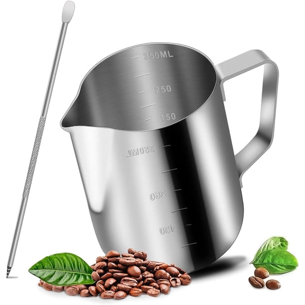 Jarra para Espumar Leche Espresso, Jarra para Espumar Leche de Acero Inoxidable, Taza de Jarra de Leche con Latte Art Pen/Barista Pen para Máquina de Café Espresso, Espumador de leche, Arte con Leche