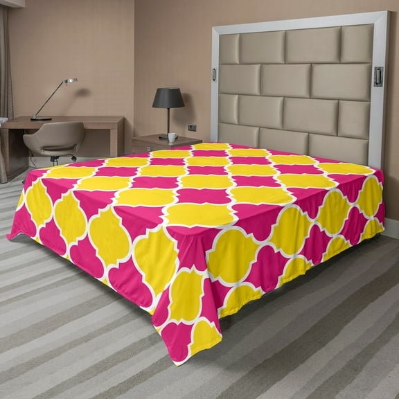 Ambesonne Abstract Flat Sheet, Colorful Modern Patterns, King Size, Yellow Hot Pink