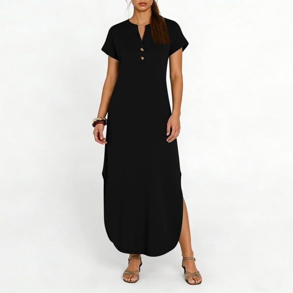 Kojanyu Women's Solid Color Short Sleeve V-Neck Button-Front Midi Dress with Pockets