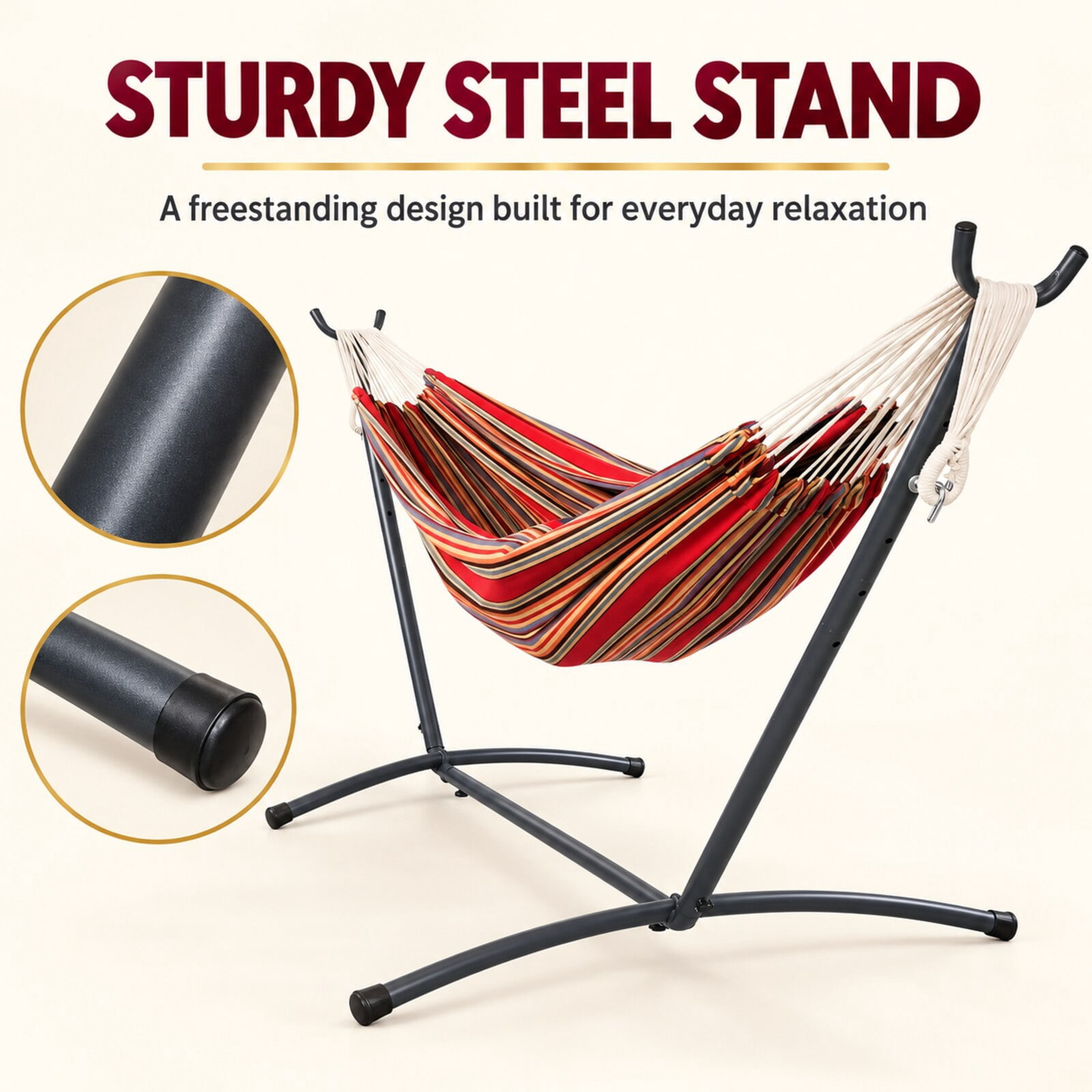 Inolait Portable Double Hammock with Stand, 2-Person Outdoor Hammock with Carrying Bag Stripe Pattern