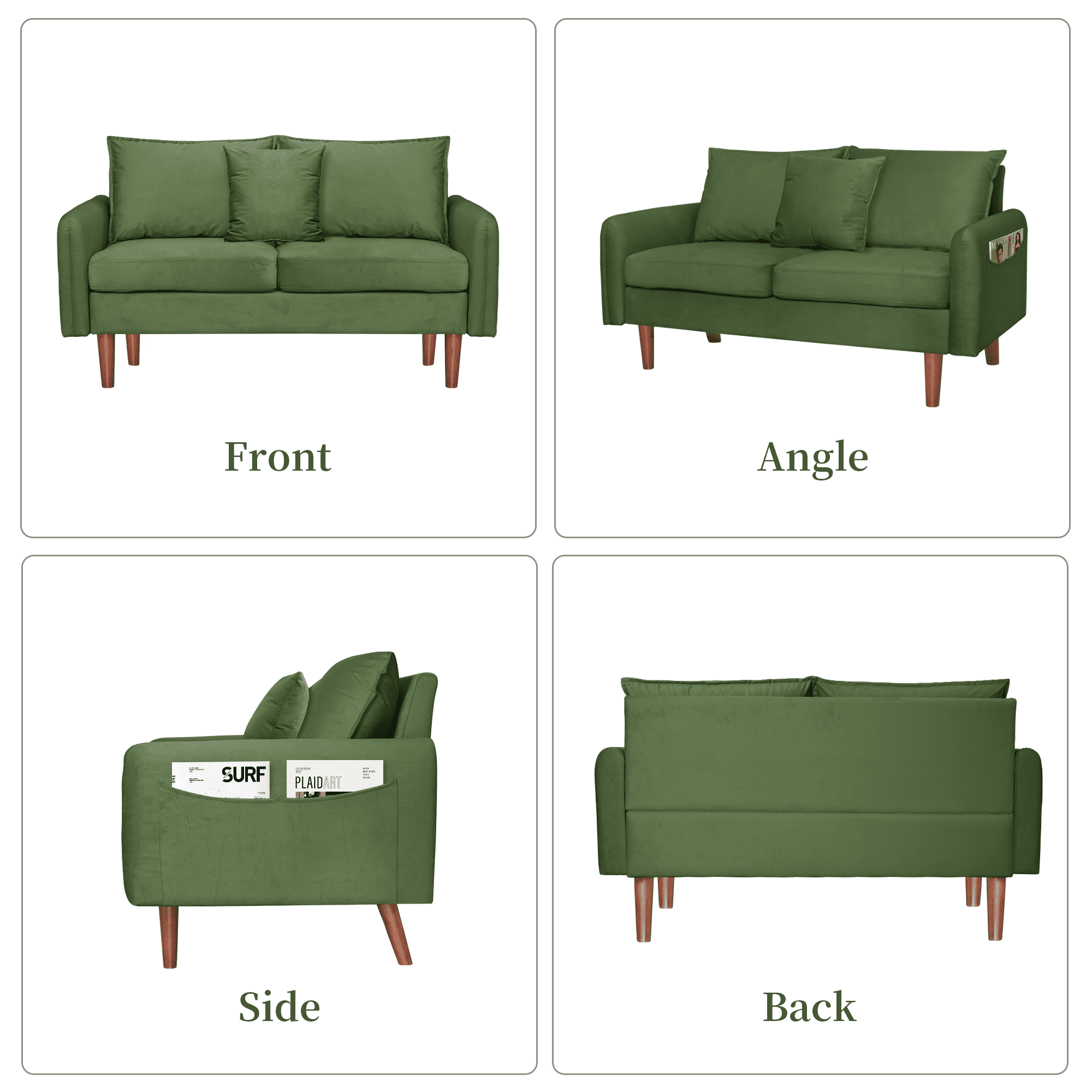 56" Mid-Century Velvet Round Arm Loveseat with Storage Pockets & Pillow