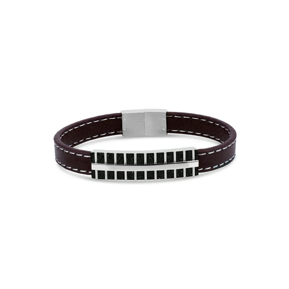 316L Stainless Steel Black IP Center Brown Leather Bracelet, 8.5"