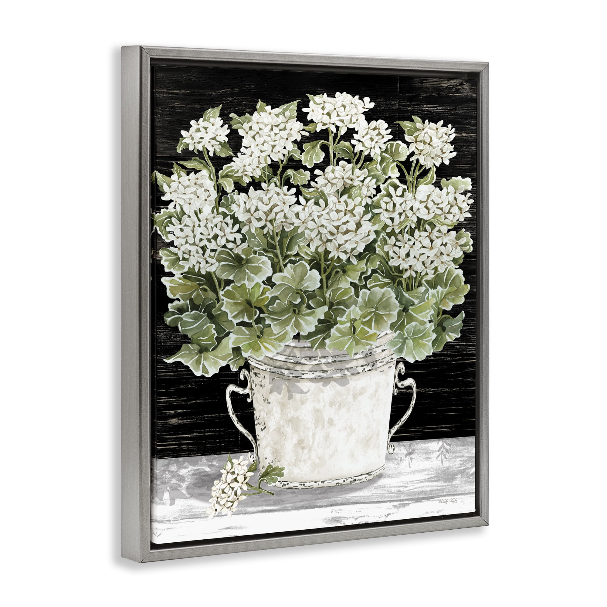 Stupell Industries Country Vase Baby's Breath Plants & Flowers Painting Gray Floater Framed Canvas Art Print Wall Art, 17 x 21