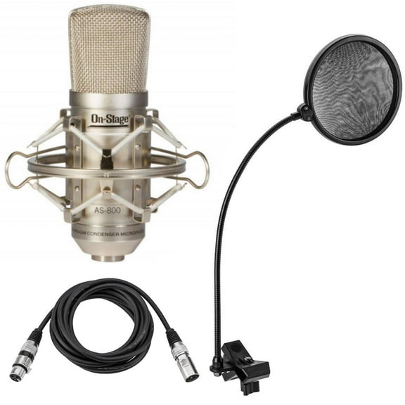 On-Stage AS800 Large-Diaphragm FET Condenser Microphone - Bundle With H&A Broadcast Arm with Internal Springs and Integrated XLR Cable,  H&A Pop Filter with Gooseneck