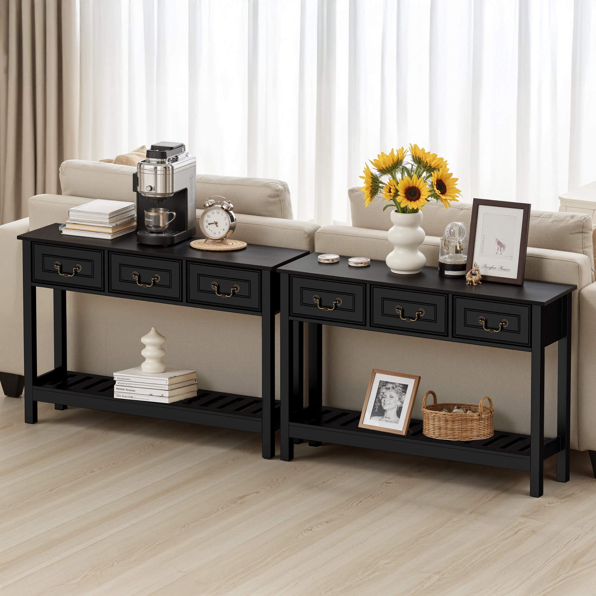 SPANSPACE Farmhouse Console Table with 3 Drawer, 47'' Entryway Table with Open Storage Shelf, Narrow Long Sofa Table for Living Room, Hallway, Behind Soft, Couch , Black