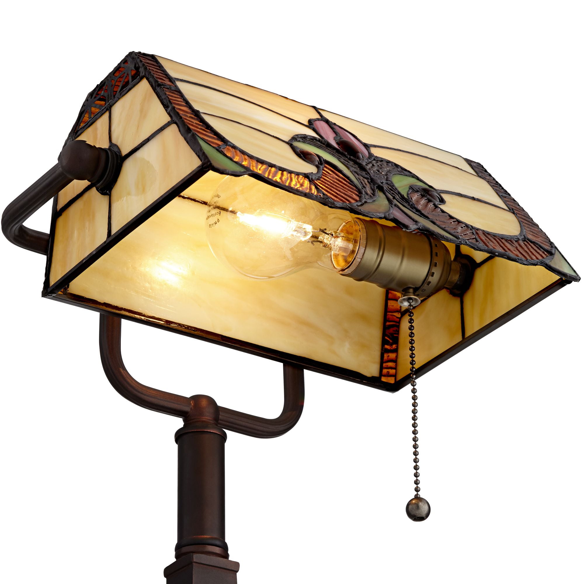 Robert Louis Tiffany Traditional Piano Banker Desk Table Lamp 17" High with AC Power Outlet Bronze Floral Art Glass Bedroom Office