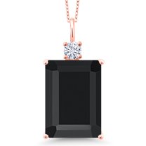 Gem Stone King 18K Rose Gold Plated Silver Black Onyx and White Moissanite Pendant Necklace for Women (15.31 Cttw, Emerald Cut 18X13MM, With 18 inch Silver Chain)