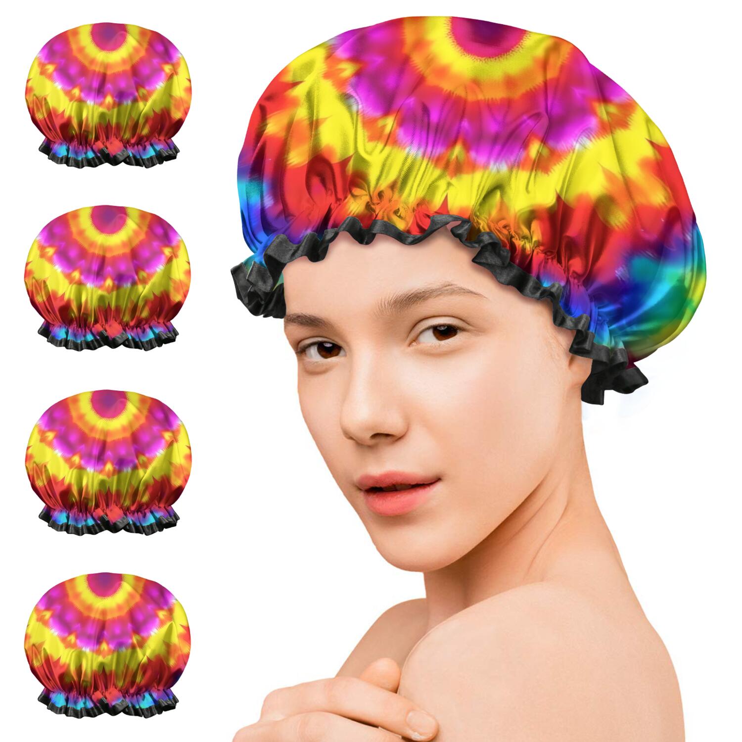 Shower Caps,Rainbow Tie Dye Mandala Pattern Waterproof Shower Cap for Women 4 Pieces,Double Reusable Hair Cover for Shower PEVA Elastic Stretch Hem