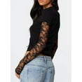 thumbnail image 3 of Women'S T-Shirt Slim Fit Lace Panel Sleeves Crop Top with Thumb Hole Round Neck Y2K Style for A Trendy Look Black XL, 3 of 5