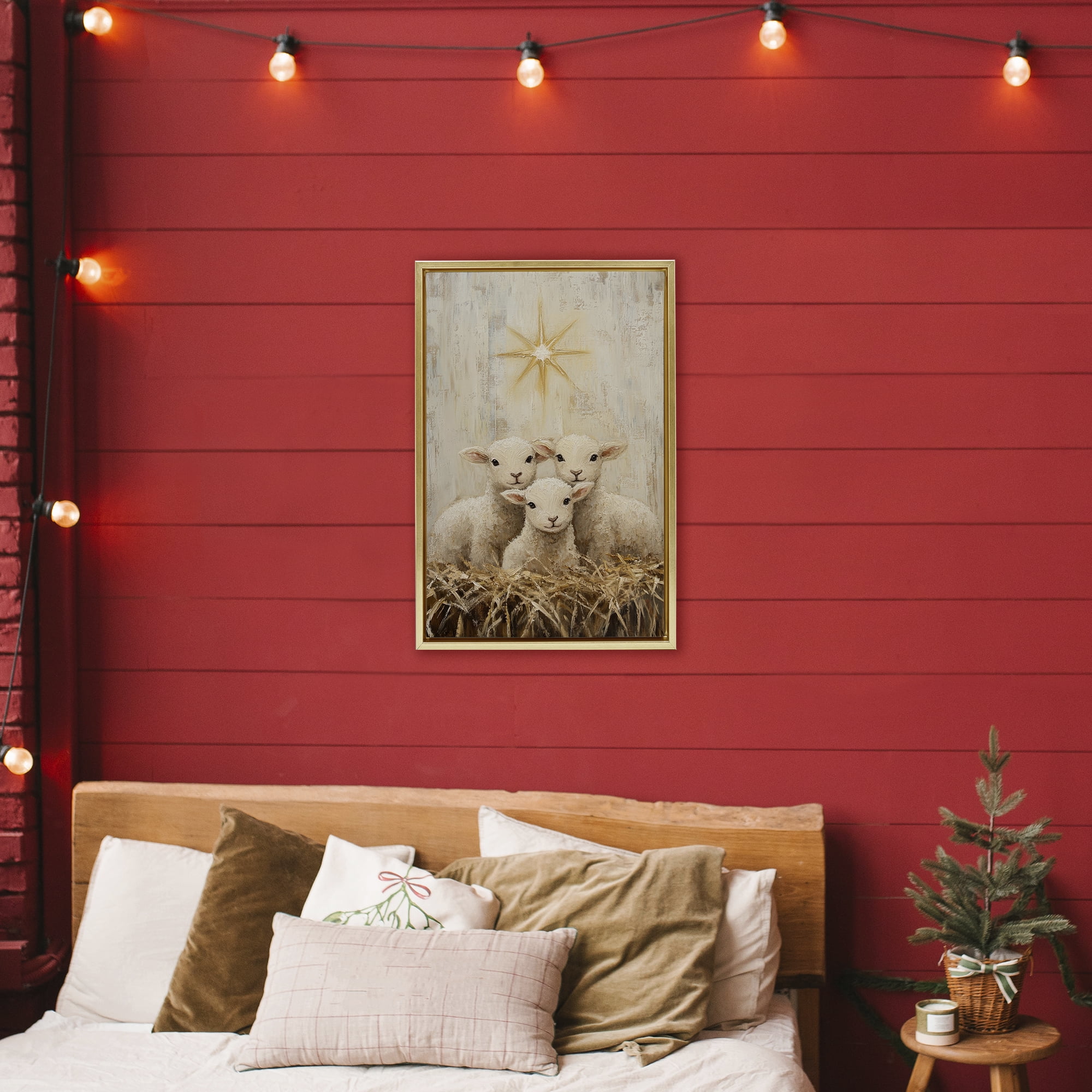 Christmas Lambs Trio Gold Framed Floater Canvas Wall Art, design by Petal Prints Design