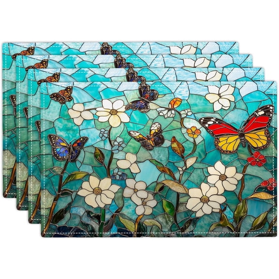 Butterfly Teal Placemats Set of 4, Colorful Stained Glass Place Mats, Rustic Flowers Dining Table Mats, Washable Placemats for Kitchen Dining Room Home Decor 18L'''' × 12W''''