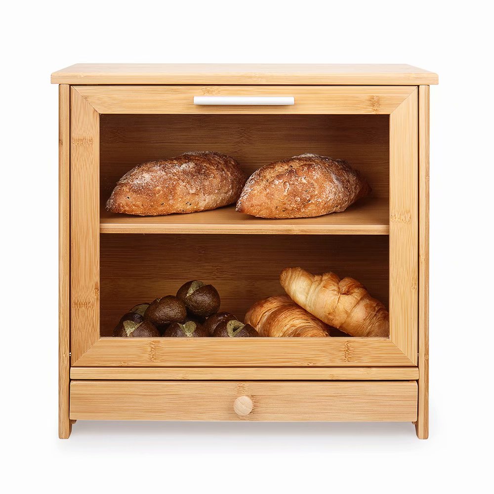 Bamboo Bread Box for Kitchen Counter 2 Layer Adjustable Bread Bin with Glass Window and Storage Drawer, G.a HOMEFAVOR Large Capacity Bread Keeper for Kitchen Food Storage,15.7" x 15" x 8.7" - image 3 of 5