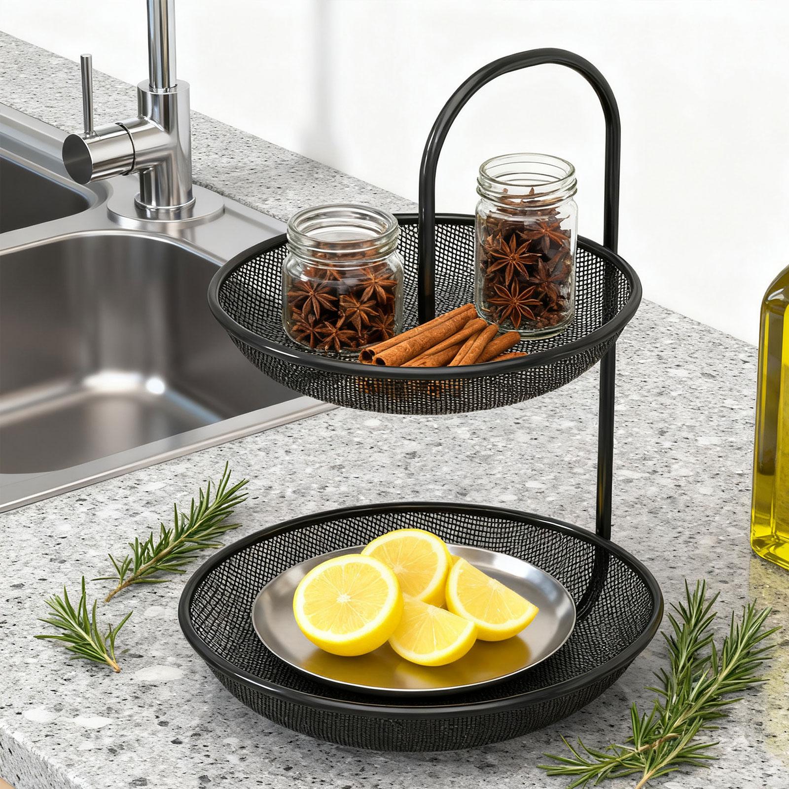 Fiocias Fruit Basket 2 Layer Organizer Storage Stand Holder Fruit Bowl Vegetables Basket Black