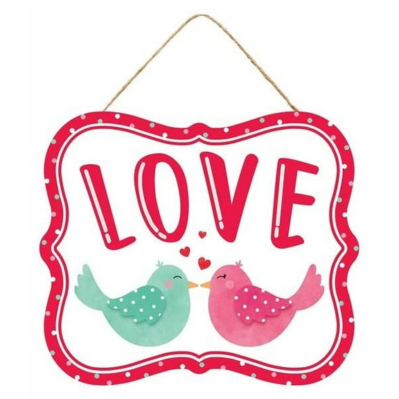 Valentine "Love Birds" Fancy Frame Wreath Door Sign: Red/White/Mint - 10.5 inches X 9 inches- AP7177