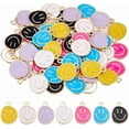 thumbnail image 1 of 84 colgantes de caras felices en 7 colores, de aleación de esmalte de 17 x 13 x 1 mm, redondos y planos con lazo., 1 of 7