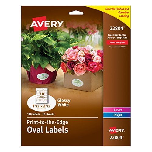 Avery Easy Peel Print-To-The-Edge Permanent Labels, Oval, Laser/InkJet, 1.5 x 2.5-Inches, Glossy White, Pack of 180 (22804)