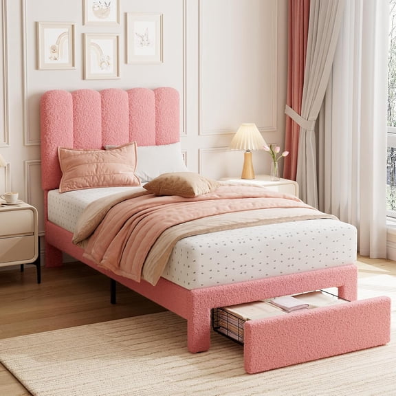 Twin Bed Frame with Storage Drawer, Boucle Upholstered Headboard, Wood Slats, Noise-Free, Pink