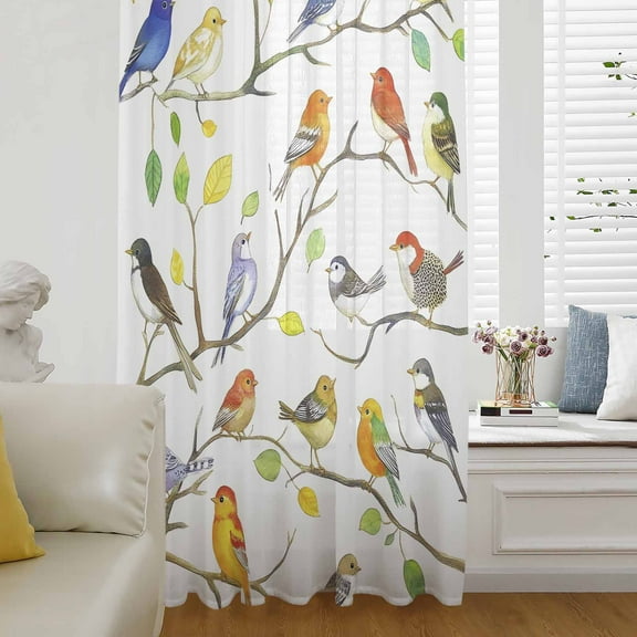 Colorful Birds Semi Sheer Curtains Drapes for Living Room, Bedroom, French Doors Window 45 Inches Long, Branch Animal Spring Branch Leaf Summer Rod Pocket Chiffon Curtain Drapery Voile Drape Panel