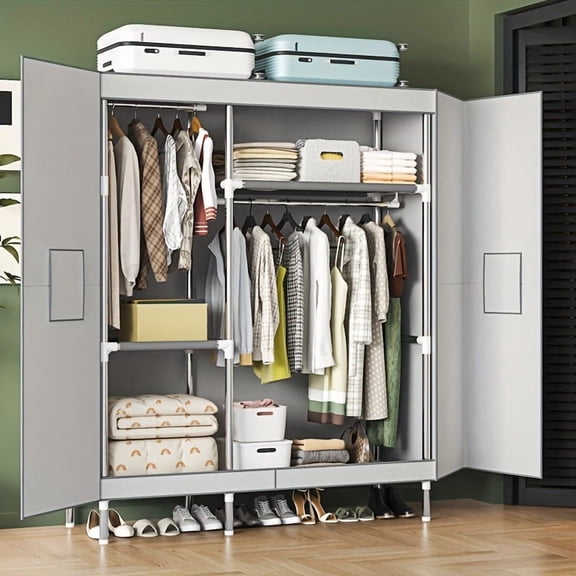 Portable Closet Wardrobe, Modern Armoire with Magnetic Suction Door, Metal Frame Dustproof Clothes Storage Organizer