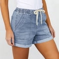 thumbnail image 3 of Qiopertar Women's Casual High Waist Loose Pocket Denim Shorts Solid Color Drawstring Jeans Pants Relaxed Fit Comfy Summer Beach Vacation, Blue XXL, 3 of 6