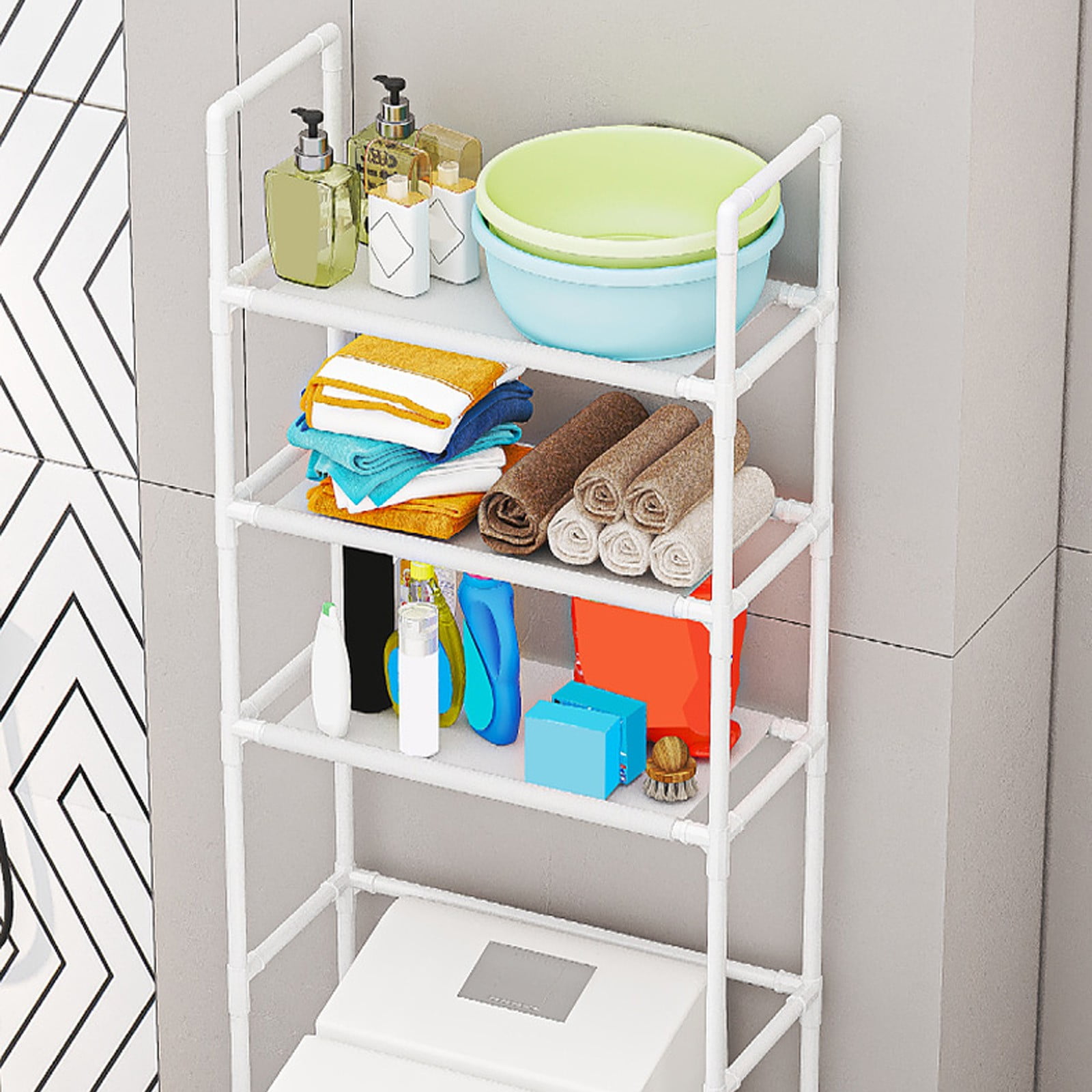 Floor Standing Over Toilet Storage Shelf, Tall Bathroom Organizer Rack for Toiletries & Towels, Above Toilet Shelf with 3 Tiers, Plastic Laundry Shelf, 1-Piece