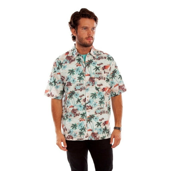 Scully Western Shirt Mens S/S Hawaiian Hot Rod Print L Sand F0_5352