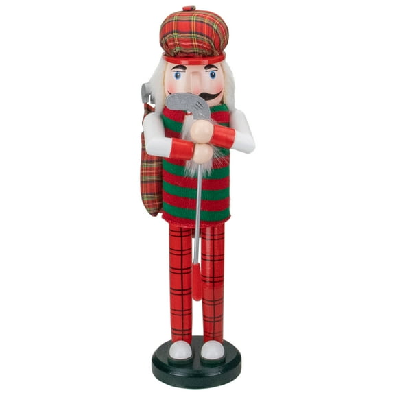 14" Red and Green Plaid Wooden Golfer Christmas Nutcracker