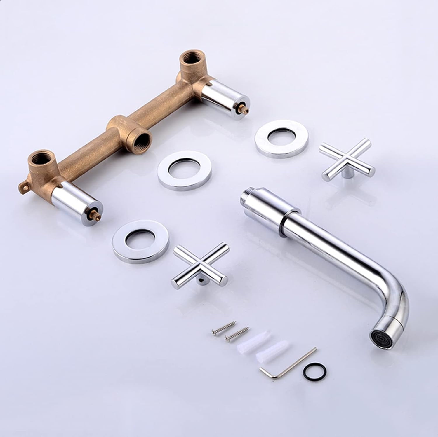 Wall Mounted Bathroom Faucet, Solid Brass Bathroom Faucets, 360 Swivel Spout Sink Faucet, Cross Handles, Wall-Mounted Bathroom Sink Faucet, Gold