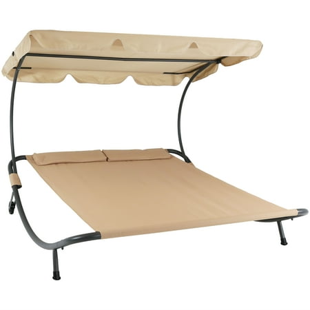 Sunnydaze Outdoor Double Chaise Lounge Bed with Canopy Shade and Headrest Pillows, Beige
