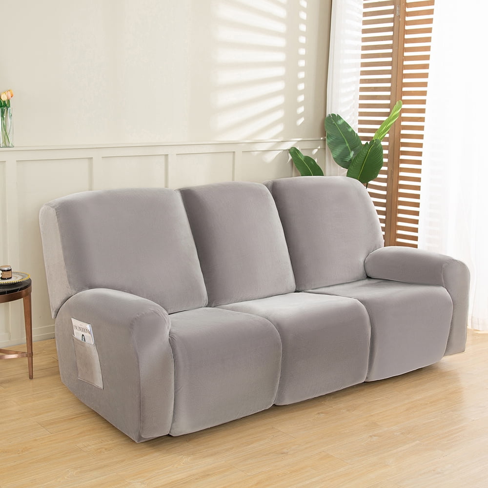TOPCHANCES 3 Seats Recliner Sofa Slipcover, 8 Pieces Recliner Cover with Side Pocket, Non-Slip 3 Cushion Couch Cover Furniture Protector, Silver Gray