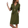 thumbnail image 1 of Robe Chemise Femme Bouton Manches Longues Robe Taille 5 3 4 Lacets Vêtements, Vert Armée, m, 1 of 5
