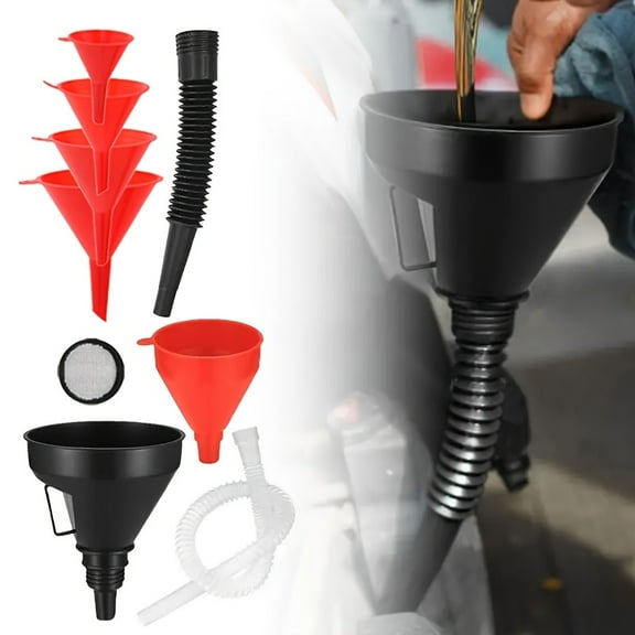 6-Pc Automotive Funnel Set with Flexible Hose, Plastic Oil Funnel Kit for Gas, Coolant & Engine Fluids