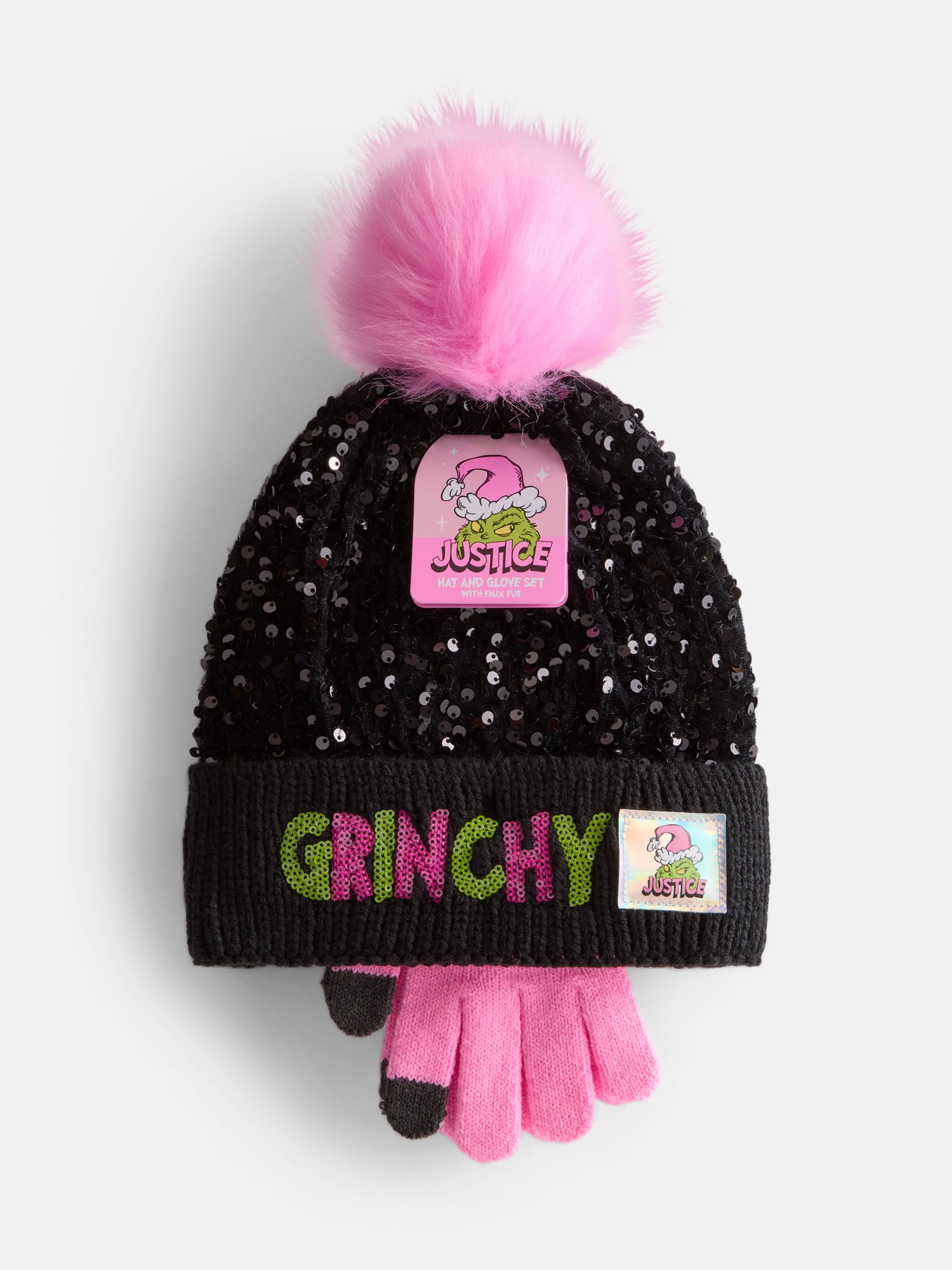 Justice Girls x Dr. Seuss' The Grinch Sequin Hat and Glove Set, Black