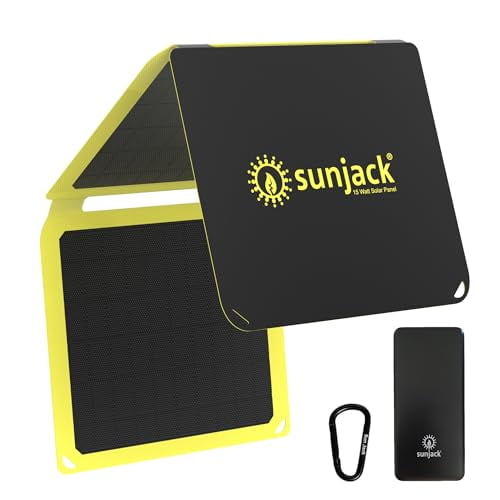 SunJack 15 Watt Foldable IP67 Waterproof ETFE Monocrystalline Solar Panel + 10000mAh Power Bank with USB-A and USB-C for Cell Phones Tablet and Portable for Backpacking, Camping, Hiking and More