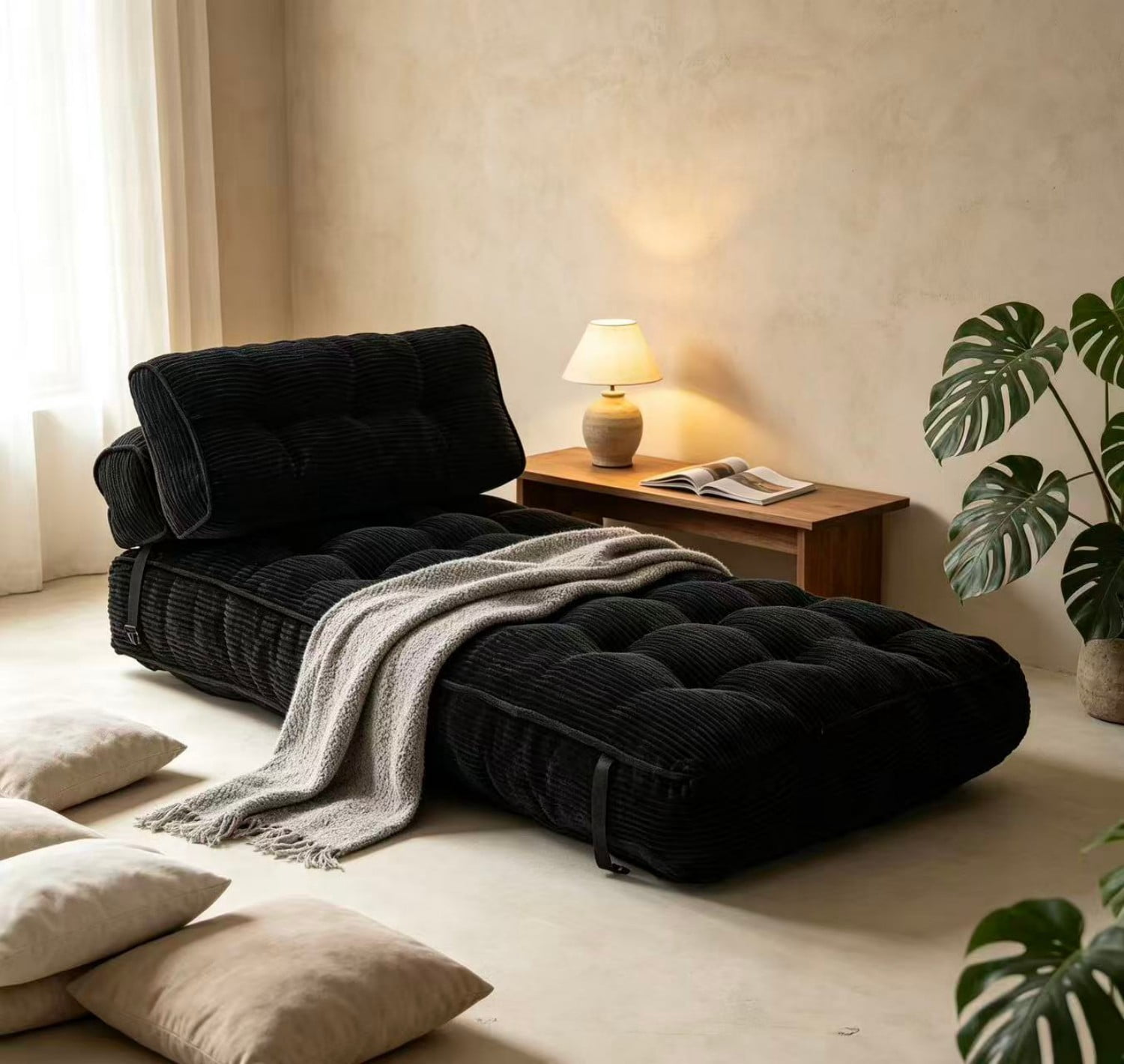 Folding Sofa Bed, Convertible Sleeper Chair Bed with Headrest & Lumbar Pillow, Foldable Floor Sofa Mattress for Living Room, Bedroom, Small Space, Black