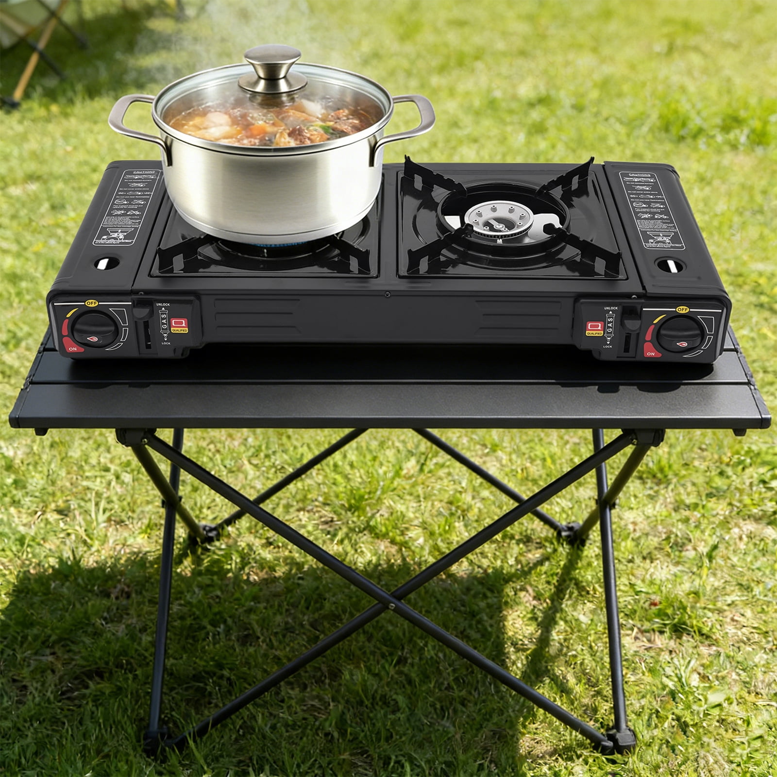 DUYIWAA 2 Burners Portable Camping Stove Outdoor Tabletop Gas Stove with Baking Tray & Carry Case
