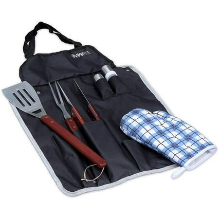 - BBQ Apron and Utensil Set • Set Includes Stainless Steel Steak Fork, Tongs, Slotted Turner, Oven Mitt, Salt & Pepper Shakers and Apron