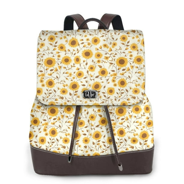Disketp Brown Leaf Sunflower Mochila de Cuero para Mujer, Bolso de Espalda Antirrobo con Estilo para Viaje, Trabajo y Uso Diario
