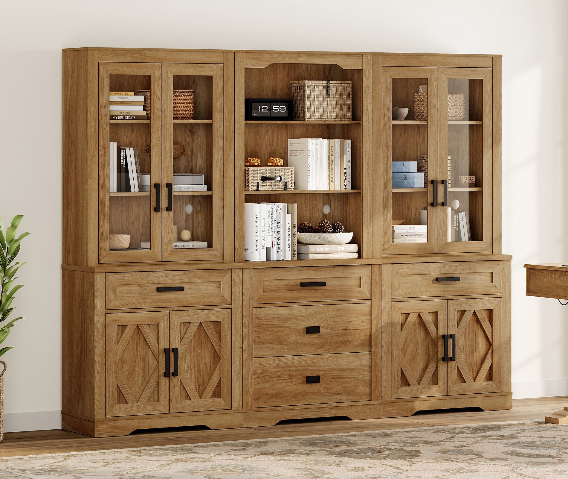 WAMPAT Modern Farmhosue 3-Column BookShelf Set,5 Tier Book Shelf with Open Storage and Glass Doors,73"H Tall Wood Bookcase with Storage Cabinet and Drawers for Study,Bedroom,Living Room,Walnut