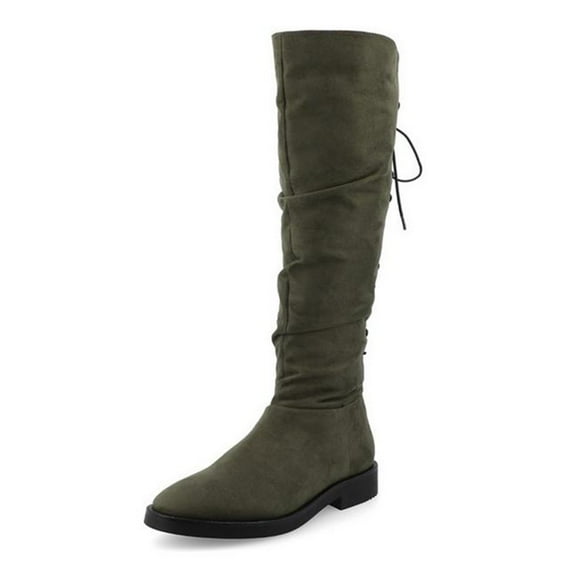 YDN Women's Chunky Low Heel Lace Up Knee High Boots Side Zipper Round Closed Toe Flat Long Booties Daily Walking Casual Shoes Size 7 Olive